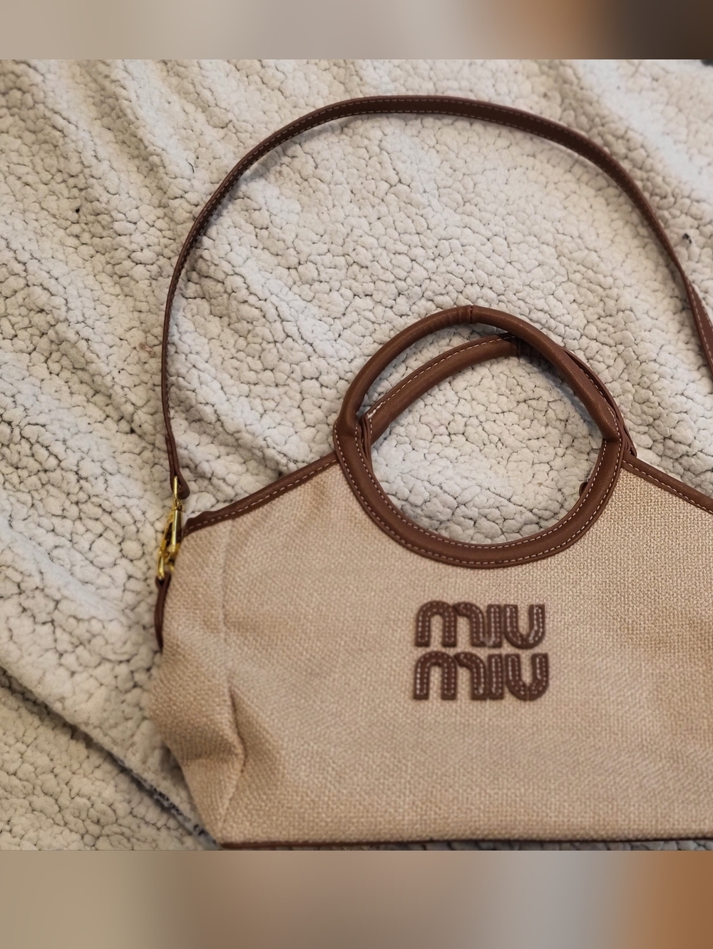 Miu Miu Beige Canvas Shoulder Bag with Brown Leather Trim